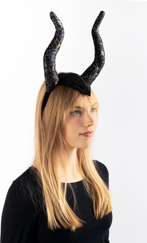 KIMU Haarband Lange Zwarte Hoorns Heks - Lint Zilver Glitter - Diadeem Zwart Grote Horens Slechterik Duivel Maleficent - Halloween Carnaval Festival - Merkloos