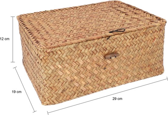 Boîte de rangement en rotin marron de 29x19x12cm avec couvercle et fermeture à bouton en bois, avec dimensions indiquées.