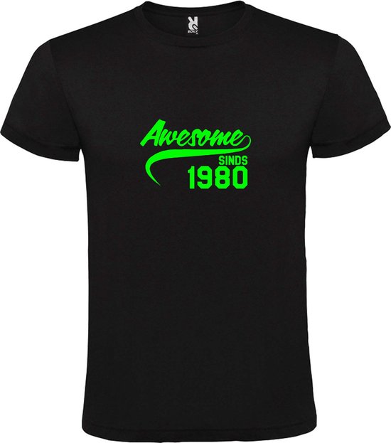 Zwart T-Shirt met “Awesome sinds 1980 “ Afbeelding Neon Groen Size XXXL