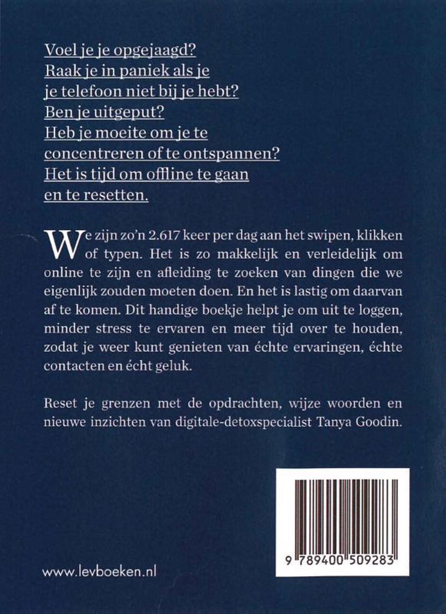 Boekomslag met tekst over het resetten van de digitale detox. www.levboeken.nl