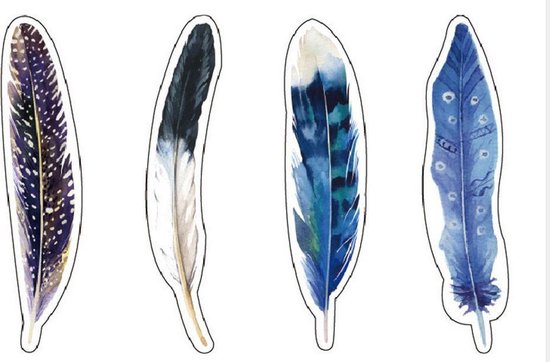 Vier papieren boekenleggers in de vorm van veren: zwart met witte spikkels, zwart met grijs, blauw met grijs, helderblauw.