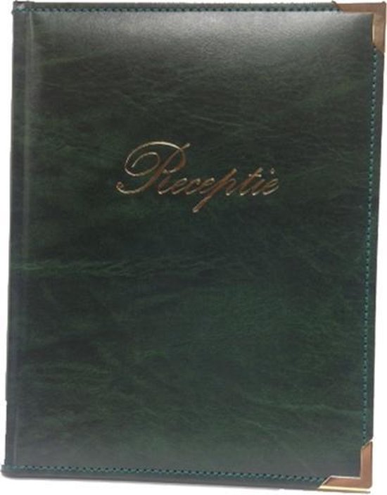Groen receptiealbum met gouden letters 'Receptie' en metalen hoekbeschermers.