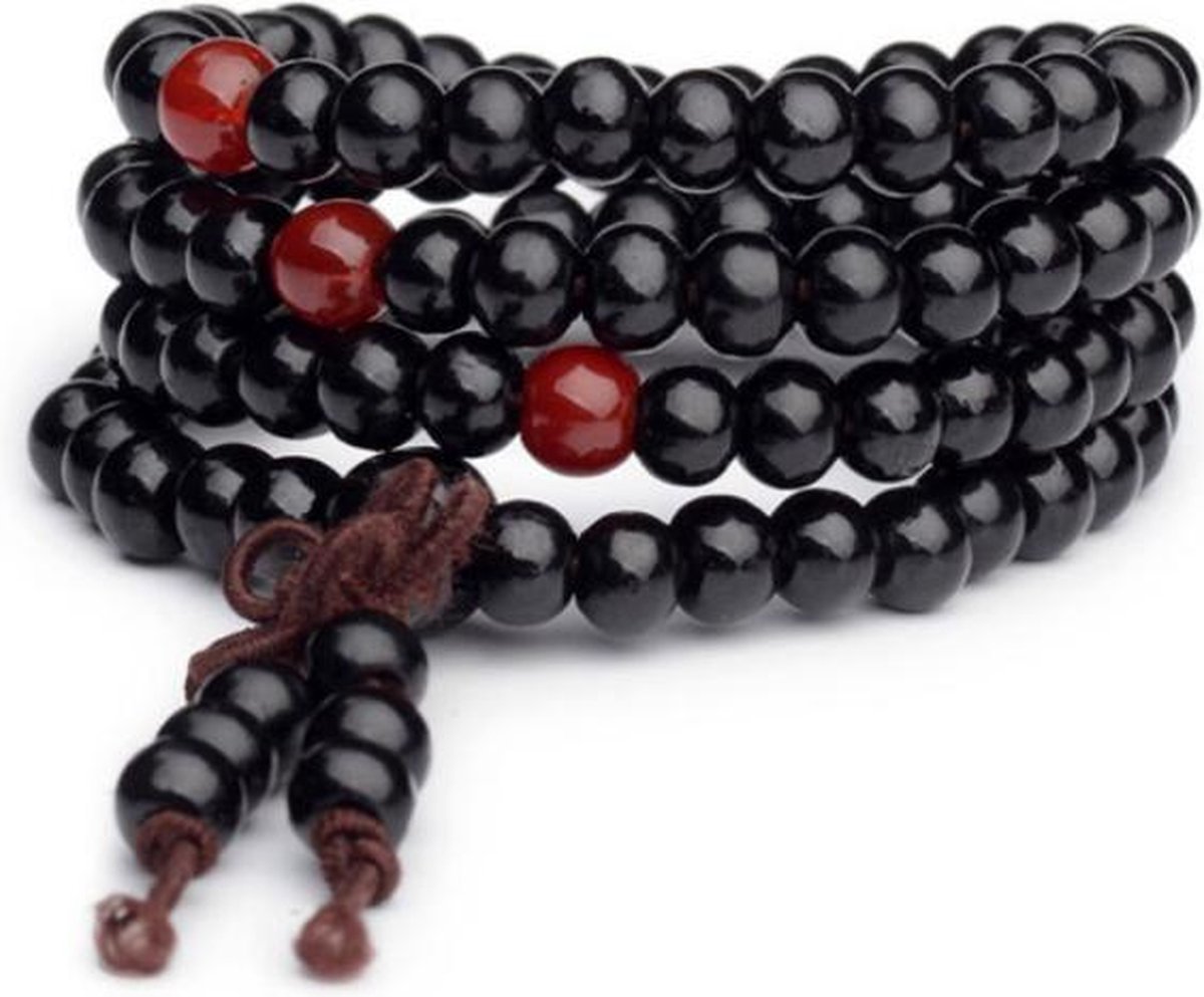 Armband hout - zwart met rood - 110 kralen 6 mm- lengte 47 cm