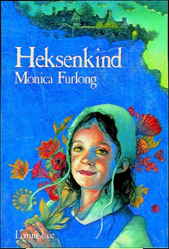 Boek 'Heksenkind' van Monica Furlong. Een meisje met groene ogen en bloemen.