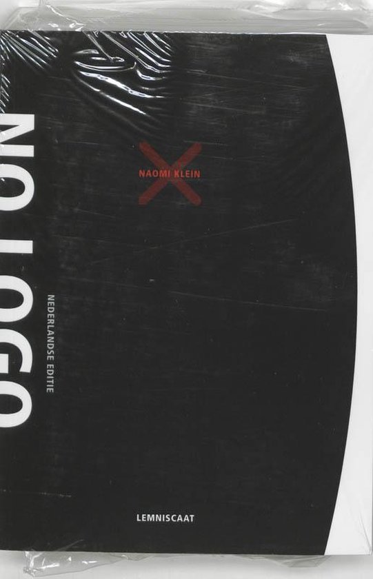 Couverture du livre 'No Logo' édition néerlandaise avec le texte 'NAOMI KLEIN' et un X rouge.