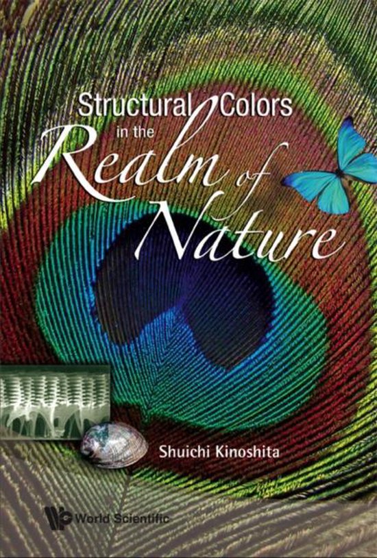 Boekomslag met een pauwenveer in focus, met de titel "Structural Colors in the Realm of Nature". Een blauwe vlinder en schelp zijn zichtbaar.