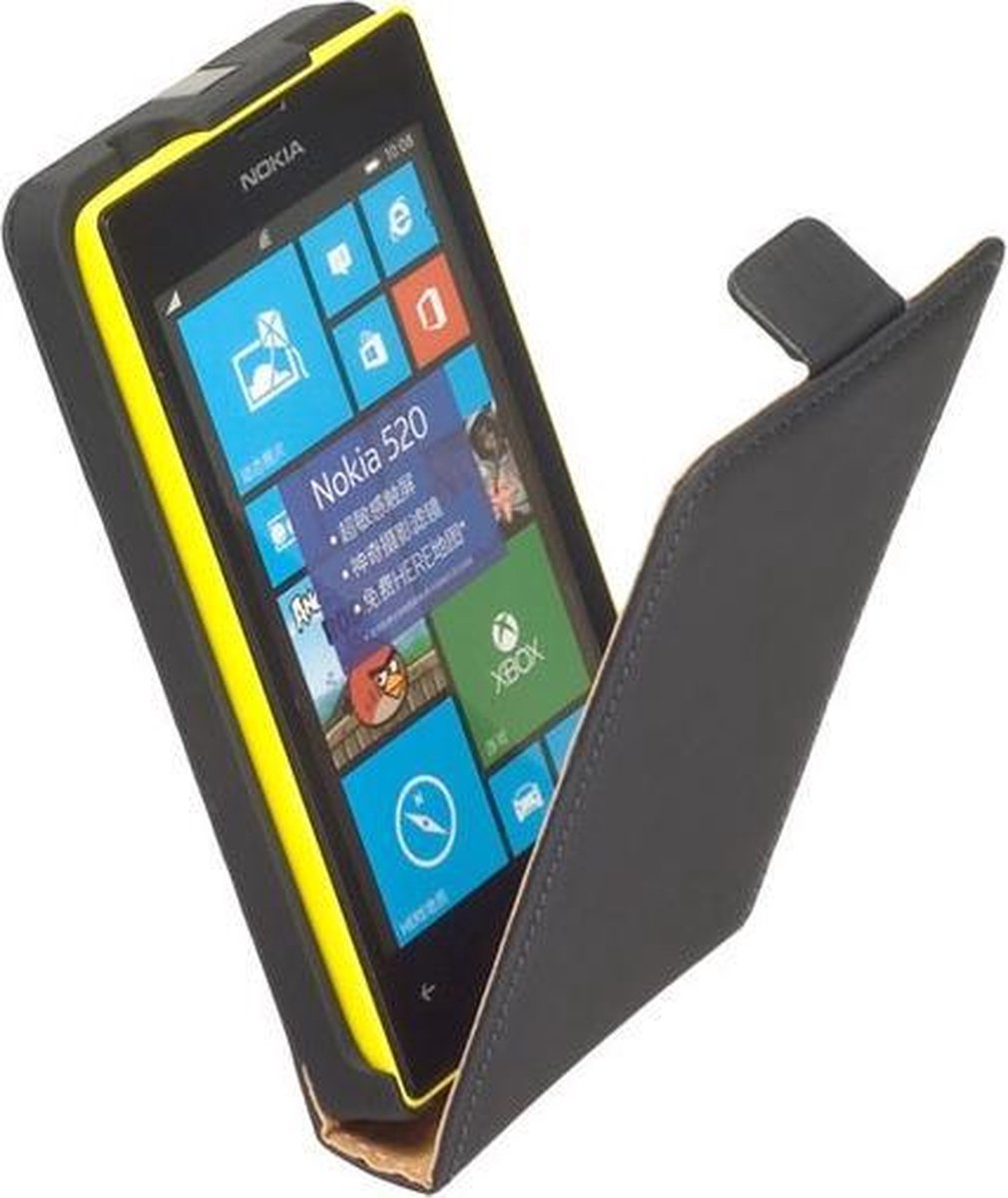 LELYCASE Lederen Flip Case Cover Hoesje Nokia Lumia 520 Zwart
