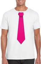 Wit t-shirt met roze stropdas heren 2XL