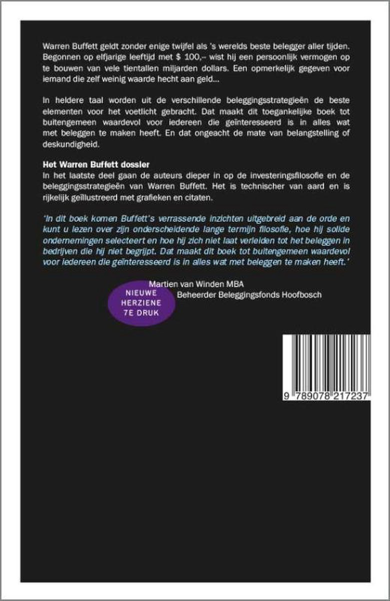 Achterkant van het boek 'Leer beleggen als Warren Buffett' met tekst en ISBN.