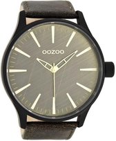 OOZOO Timepieces - Zwarte horloge met donker bruine leren band - C7863