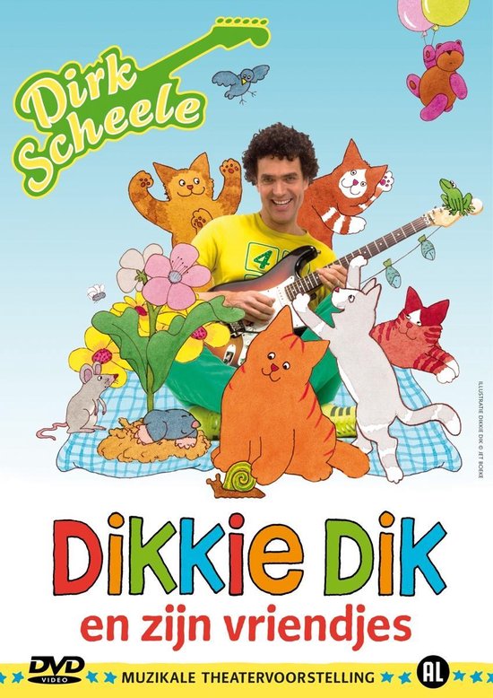 Dirk Scheele met een gitaar, omringd door Dikkie Dik, katten, een muis, kikker, slak en bloemen.