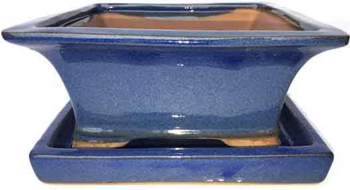 Bonsai pot vierkant met schotel - blauw - 13x13x6,5 cm (lxbxh) | bol.com