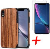 Apple iPhone XR Hoesje Hout Case Siliconen TPU Soft Gel + Screenprotector Gehard Glas Tempered Glass - Houten Hoes van iCall - Rood Sandelhout