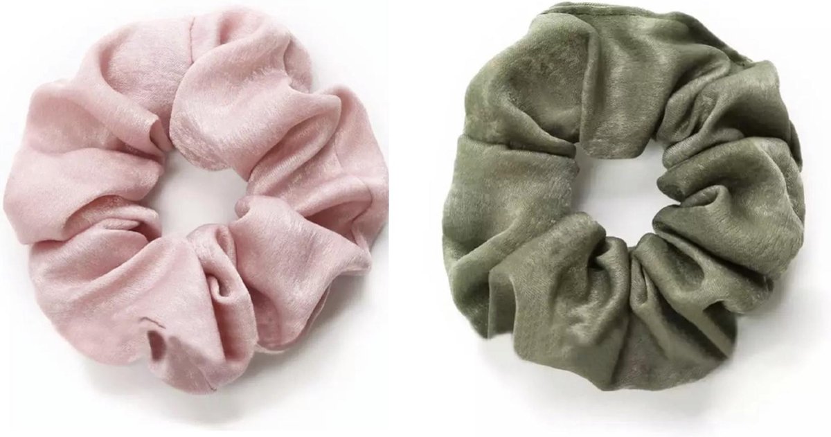 Scrunchie kraagjeskopen.nl - zijdezachte haarwokkel haarelastiek groen roze - 2 stuks - scrunchies