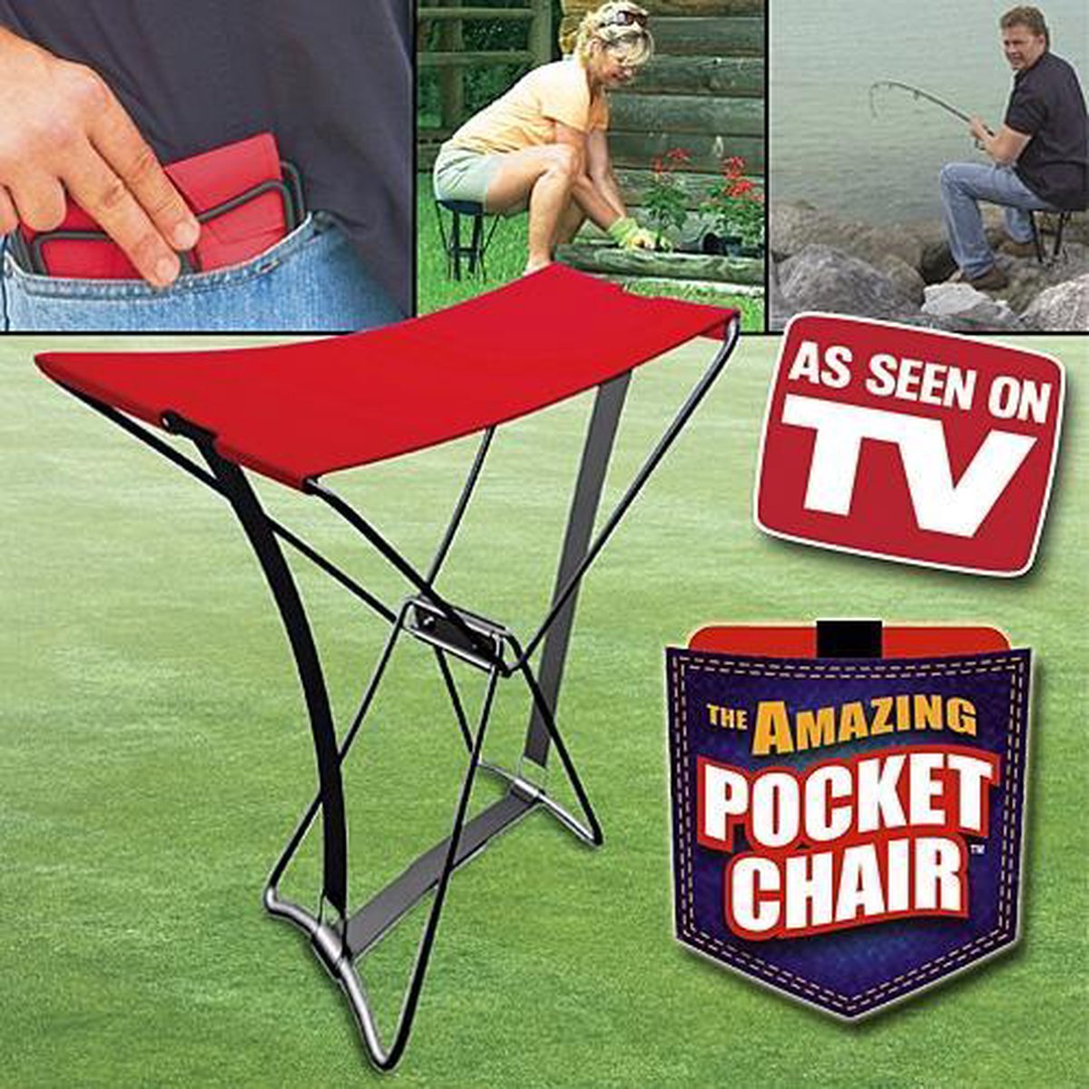 The amazing POCKET CHAIR. Compact opvouwbaar stevig stoeltje voor buitengebruik. Op reis, camping, festival, sportwedstrijd, etc.