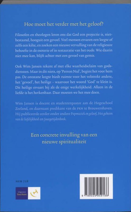 Achterkant boek 'Voorbij de leegte', met tekst over geloof en spiritualiteit.