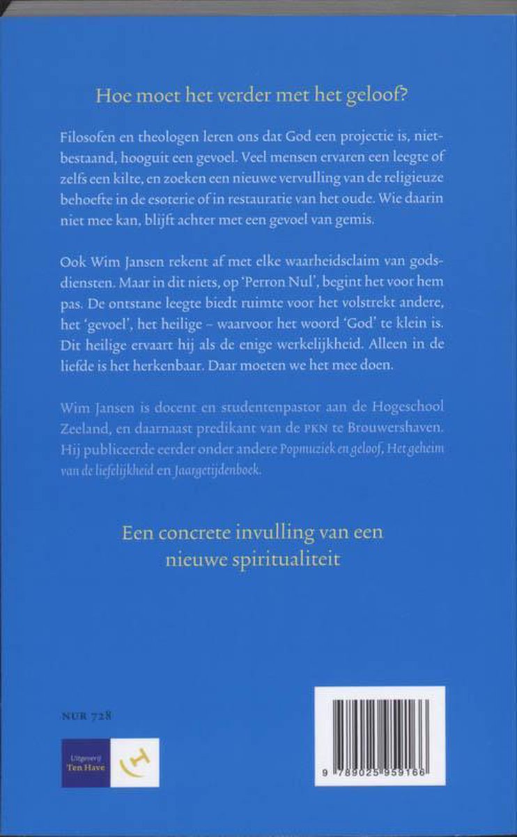 Achterkant boek 'Voorbij de leegte', met tekst over geloof en spiritualiteit.