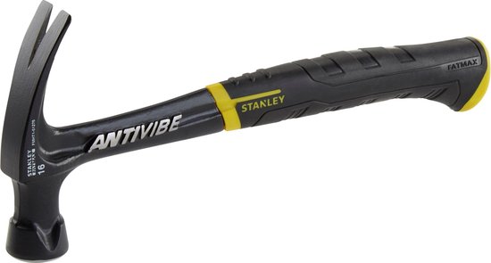 Zwarte Stanley FatMax Antivibe klauwhamer met geel accent en een rubberen handvat met textuur.