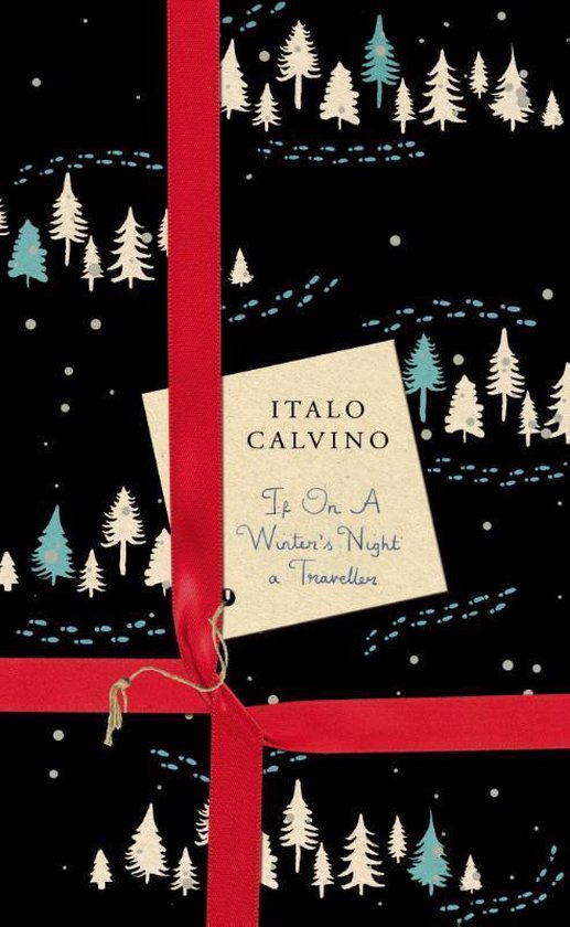 Boek met rode linten en de tekst 'ITALO CALVINO If on a Winter's Night a Traveller' op een zwarte achtergrond met kerstbomen.
