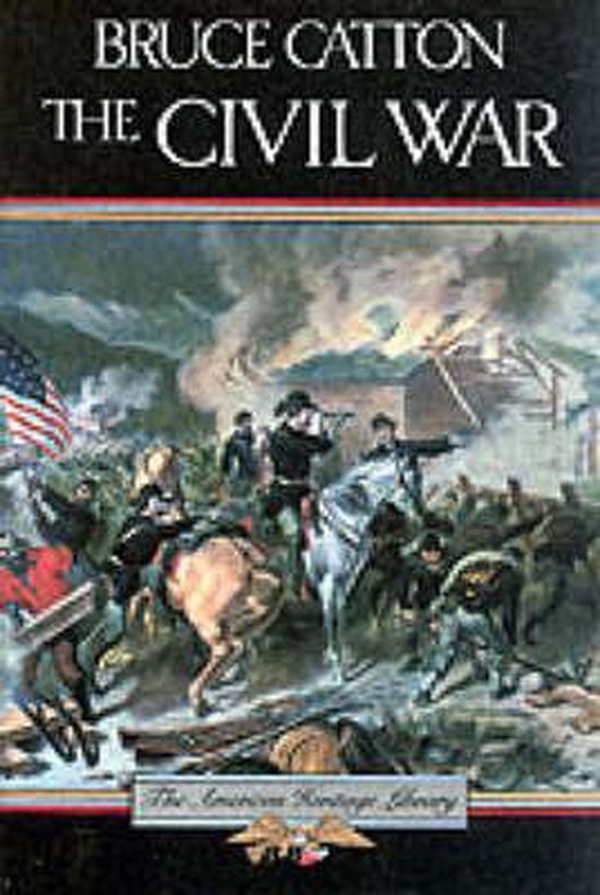 Boek kaft met de titel "The Civil War" door Bruce Catton, met een schilderij van een veldslag met soldaten te paard en brandende gebouwen.