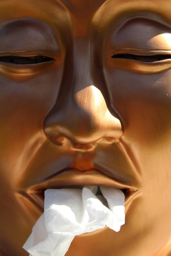 Close-up van gouden Boeddha hoofd met tissue uit de mond.