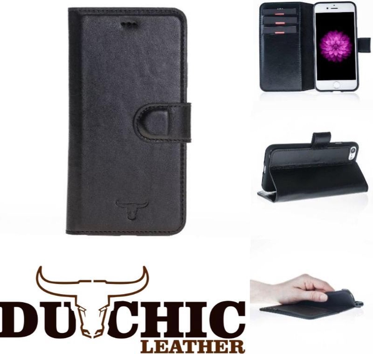 Echt Leer hoesje - Apple iPhone 7 / 8 en SE (2020) - Lederen Dutchic Case Black - Wallet Case (Zwart)