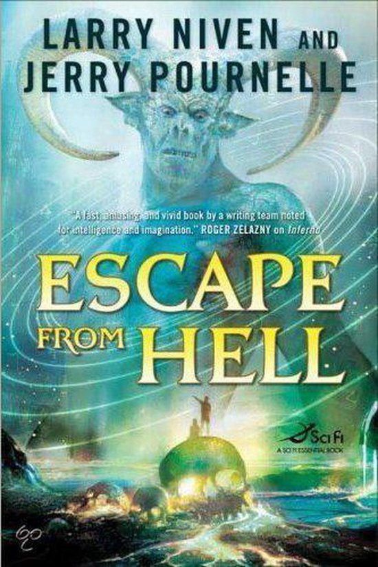 Boekomslag met een demonische figuur met hoorns, die 'Escape from Hell' aankondigt.
