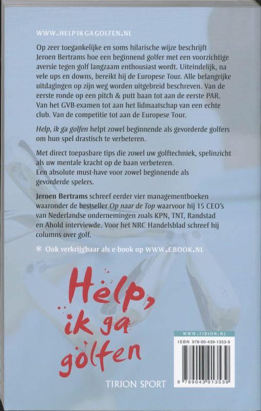Boekomslag 'Help, ik ga golfen' met rode en paarse letters en een golfbaan op de achtergrond.