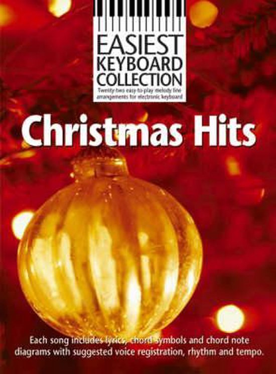 Kerstballen en dennentakken op de voorkant van het "Easiest Keyboard Collection: Christmas Hits" boek.