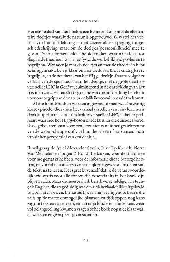 Een tekstpagina met de titel 'Gevonden!' die uitlegt hoe deeltjesfysica werkt en het Higgsdeeltje ontdekte.