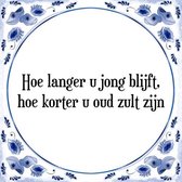 Tegeltje met Spreuk (Tegeltjeswijsheid): Hoe langer u jong blijft, hoe korter u oud zult zijn + Kado verpakking & Plakhanger