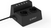 Orico - Stekkerdoos met 5 USB-Laadpoorten en 2 Stopcontacten - Tablet/Smartphone Standaard - 2500W - Incl. aan/uit schakelaar en overspanningsbeveiliging - Zwart