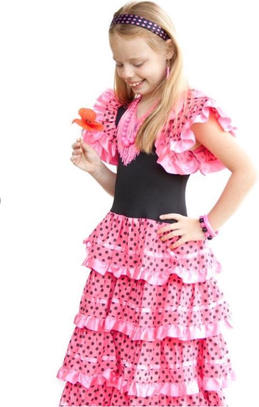 Spaanse jurk - Flamenco - Roze/Zwart - Maat 152/158 (14) - Verkleed jurk meisjes verkleedkleren prinsessenjurk
