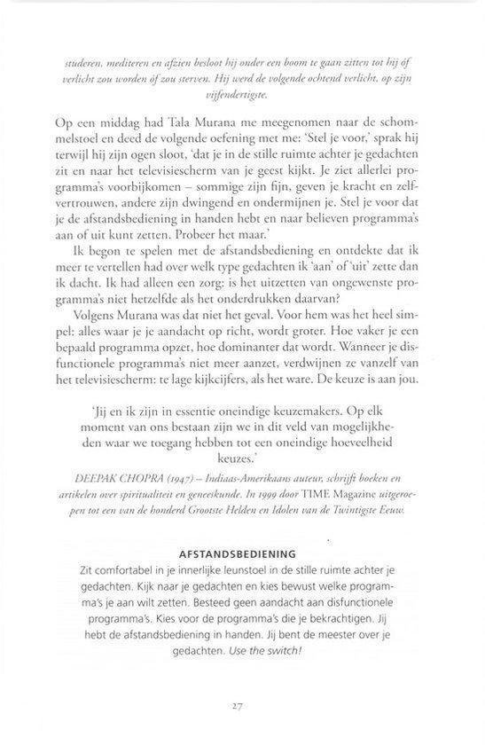 Pagina uit een boek met tekst over meditatie en Deepak Chopra.