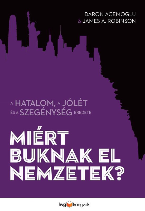 Couverture violette avec une silhouette de la ligne d'horizon de New York, titrée 'Miért buknak el nemzetek?' en lettres blanches.