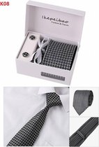 Elegante Stropdas Set in Geschenkdoos - inclusief Manchetknopen, Pochet en Dasspeld - K08 - Grijs