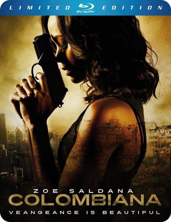 Limited Edition Blu-ray Disc van Colombiana met Zoë Saldana die een pistool vasthoudt. Tekst: Zoe Saldana Colombiana.