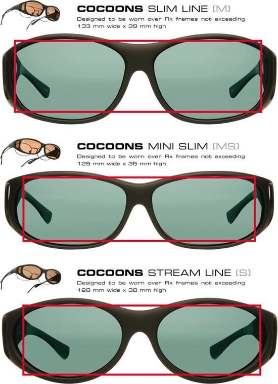 Trois sur-lunettes noir mat avec verres teintés verts, comparés par taille.