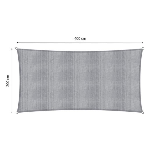 Grijs rechthoekig zonnedoek met afmetingen van 400 x 200 cm. Voorzien van ringen voor bevestiging.