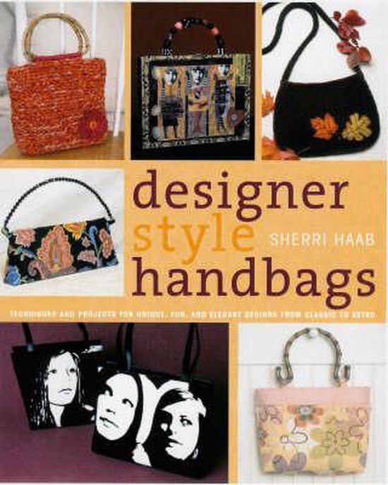 Boekomslag 'Designer Style Handbags' met afbeeldingen van diverse handtassen, waaronder een oranje tas met bloem en een zwarte tas met herfstbladeren.