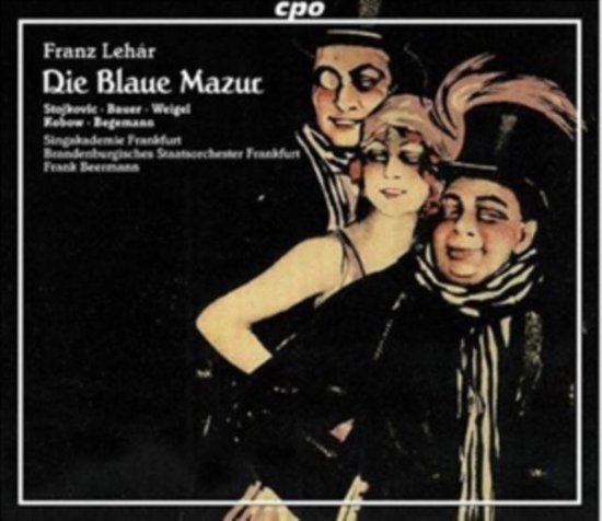 Albumhoes voor Franz Lehár: Die Blaue Mazur, met drie artiesten in theatrale kostuums.