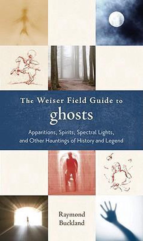 De kaft van 'The Weiser Field Guide to ghosts' toont een collage van negen beelden, waaronder een volle maan, een spookachtig figuur en een tunnel.