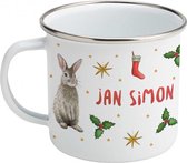 Emaille mok met naam - Kerstmis - Hert konijnen kerstdecoraties - Gepersonaliseerde drinkbeker - kerstbeker - Winterse dieren in aquarel -  Geschilderd door Mies