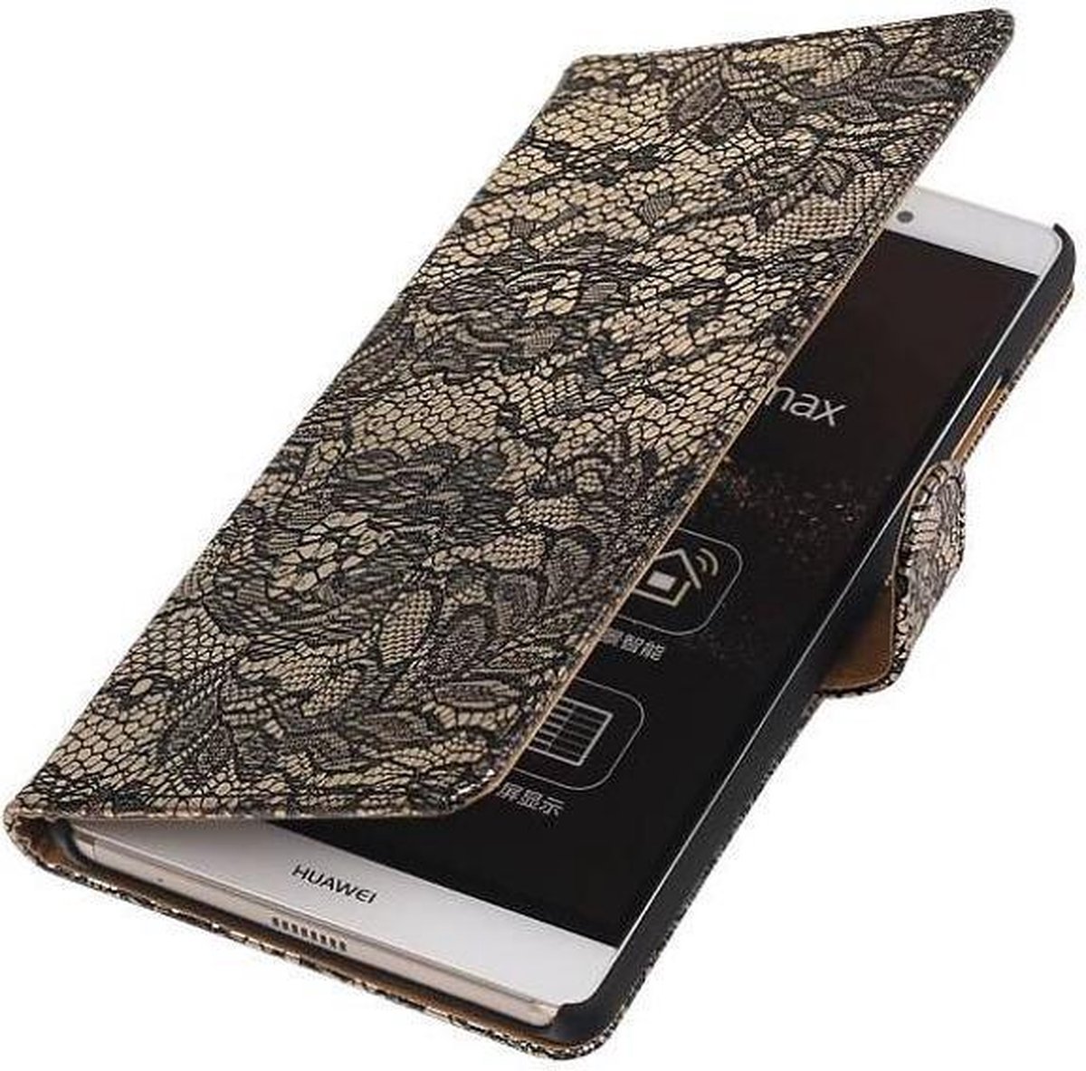 Lace Bookstyle Wallet Case Hoesjes Geschikt voor Huawei P8 Max Zwart