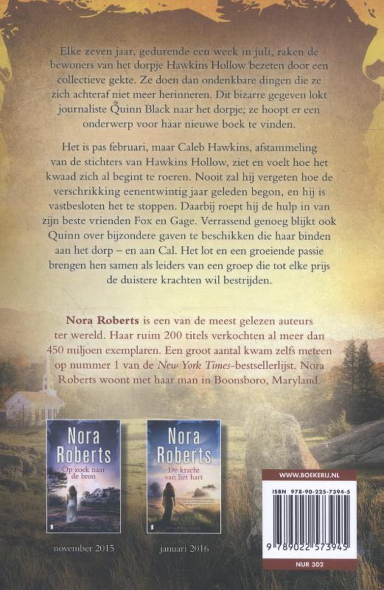 Boekomslag met boeken en tekst over Nora Roberts, auteur van New York Times-bestsellers.