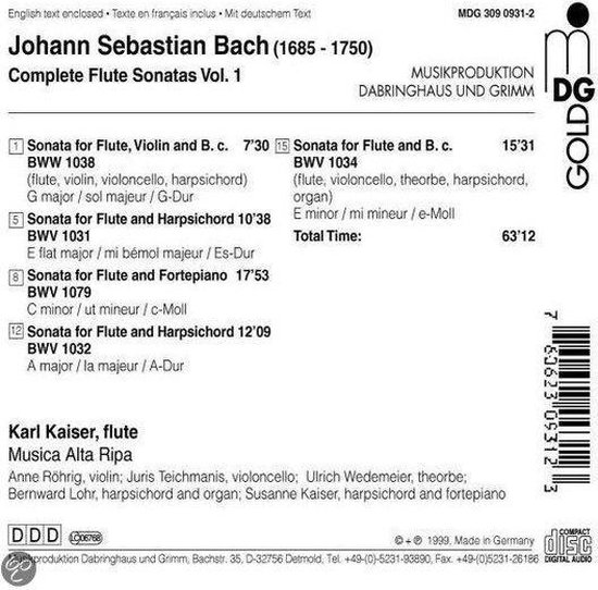 Bach: Complete Flute Sonatas Vol 1 /Kaiser, Musica Alta Ripa