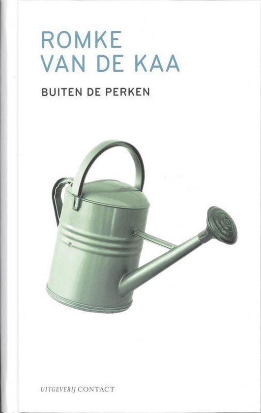 Lichtgroene gieter op een witte achtergrond met 'ROMKE VAN DE KAA BUITEN DE PERKEN' in blauwe letters.