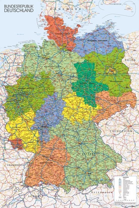 Duitsland kaart poster - Berlijn - Hamburg - Kleurrijke landkaart - 61 x 91.5 cm