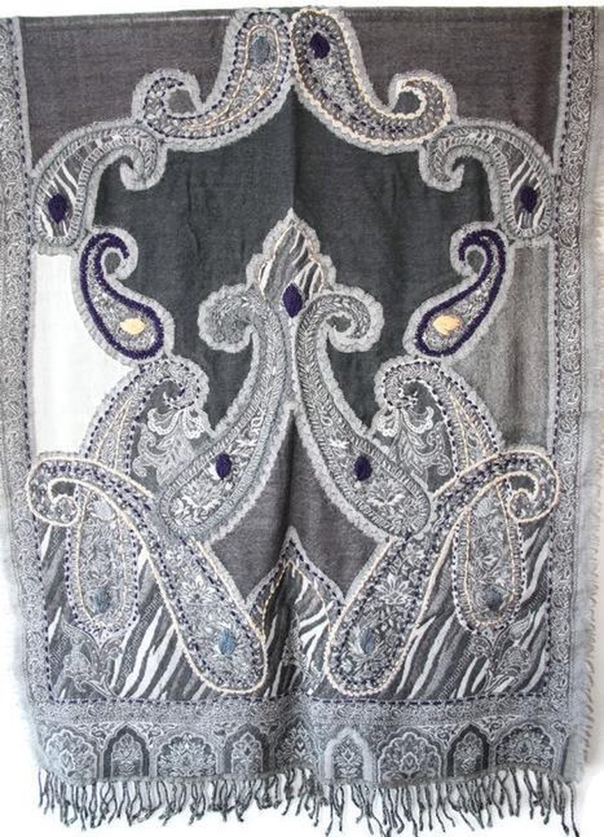Geborduurde dames sjaal - winter - wol - licht grijs - midden grijs - creme - 70 x 180 cm