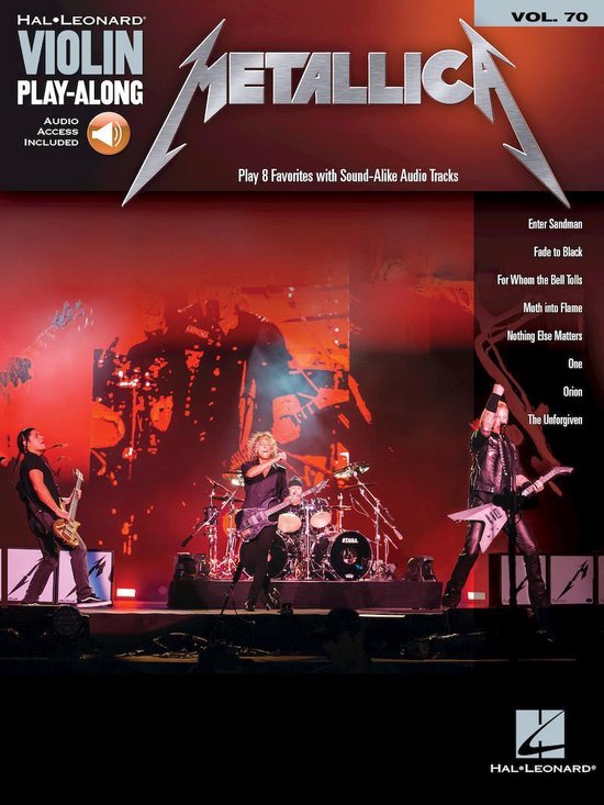 Boek "Metallica" voor viool met audio access. Toont band op podium met lijst van liedjes.